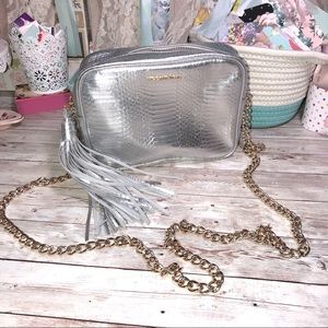 Victoria’s Secret Metallic Silver Embossed Crossbody Bag Purse Tassel Gold Chain